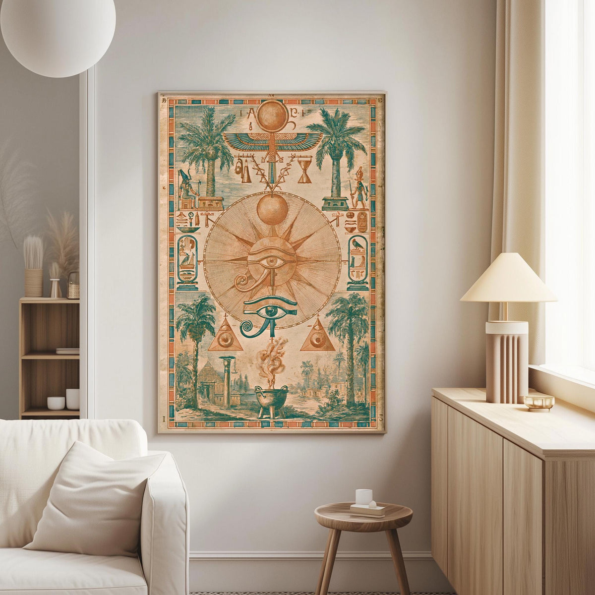 a large, colorful poster of an ancient Egyptian-style illustration hanging on a wall in a living room.