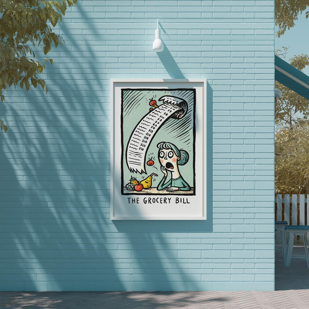 The image is a framed illustration of a person with a grocery list, depicting a humorous and exaggerated version of the typical grocery list.