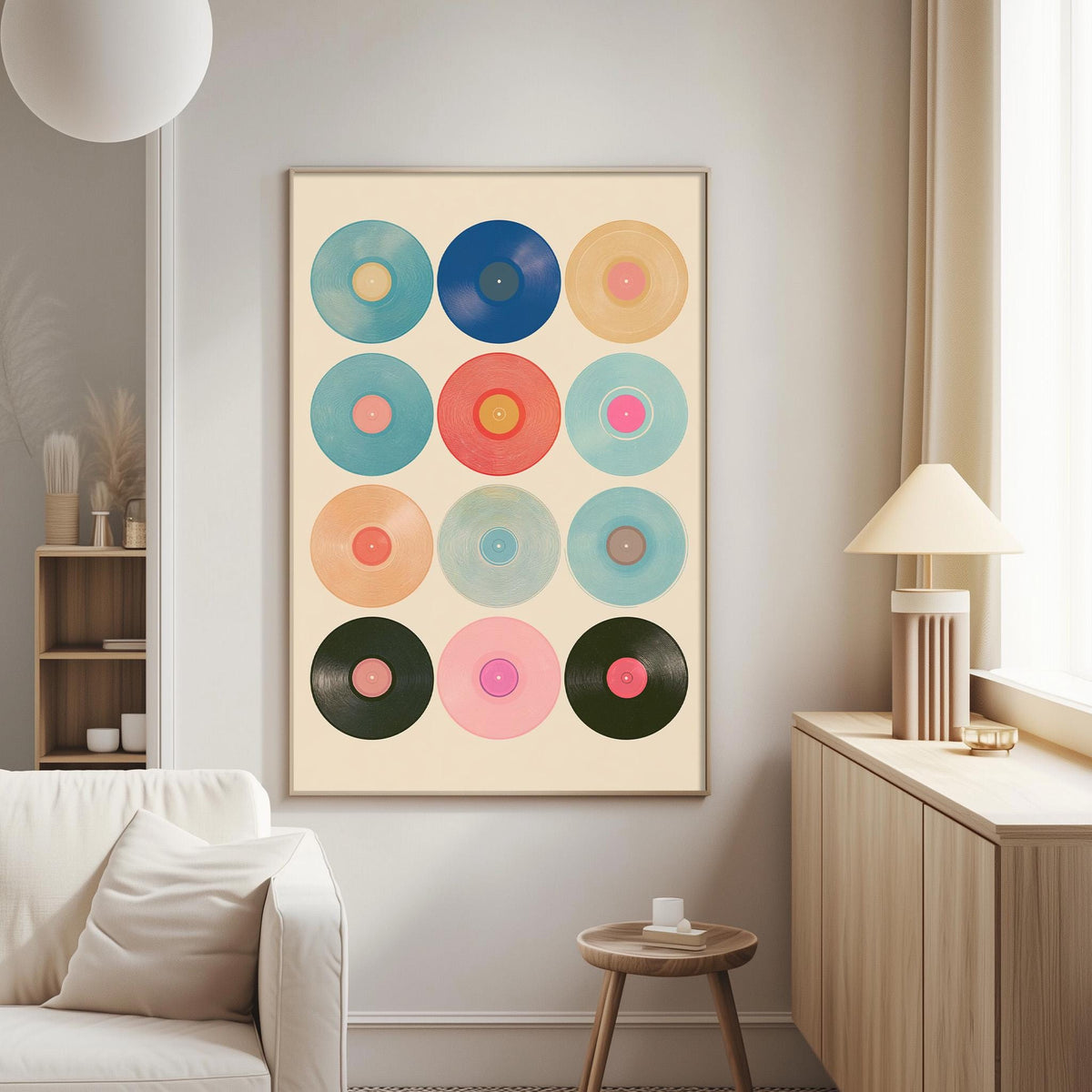 a living room with a large framed poster of colorful vinyl records hanging on the wall.