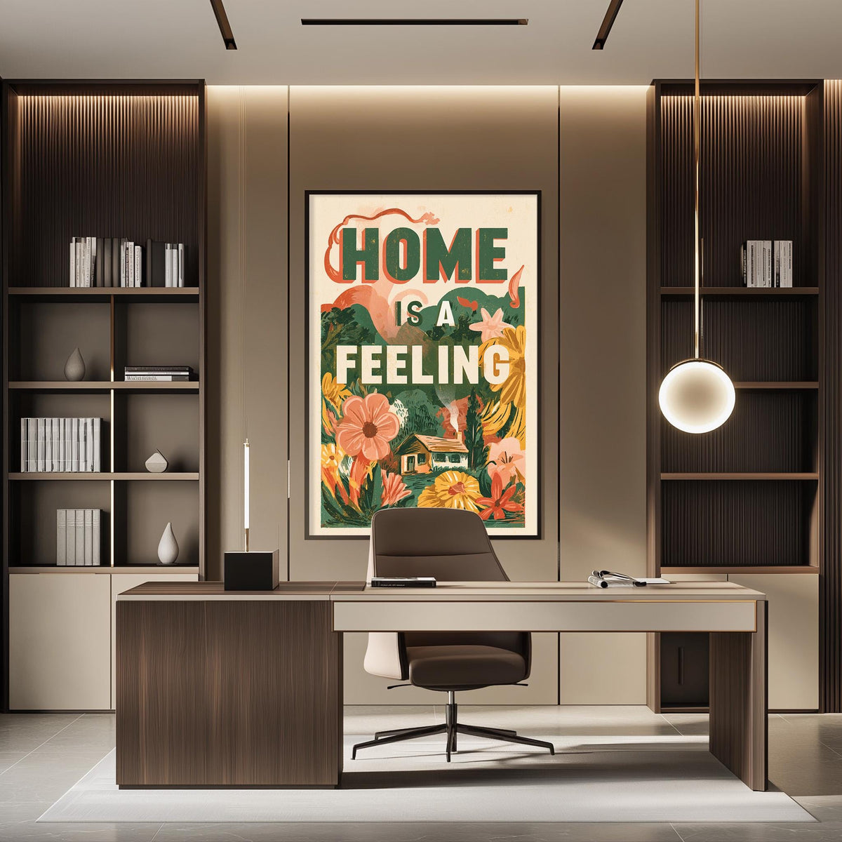 a modern office space with a large framed poster on the wall that reads "HOME IS A FEELING". The office has a wooden desk, a chair, and a bookshelf filled with books. The overall design and decor create a comfortable and inviting atmosphere.