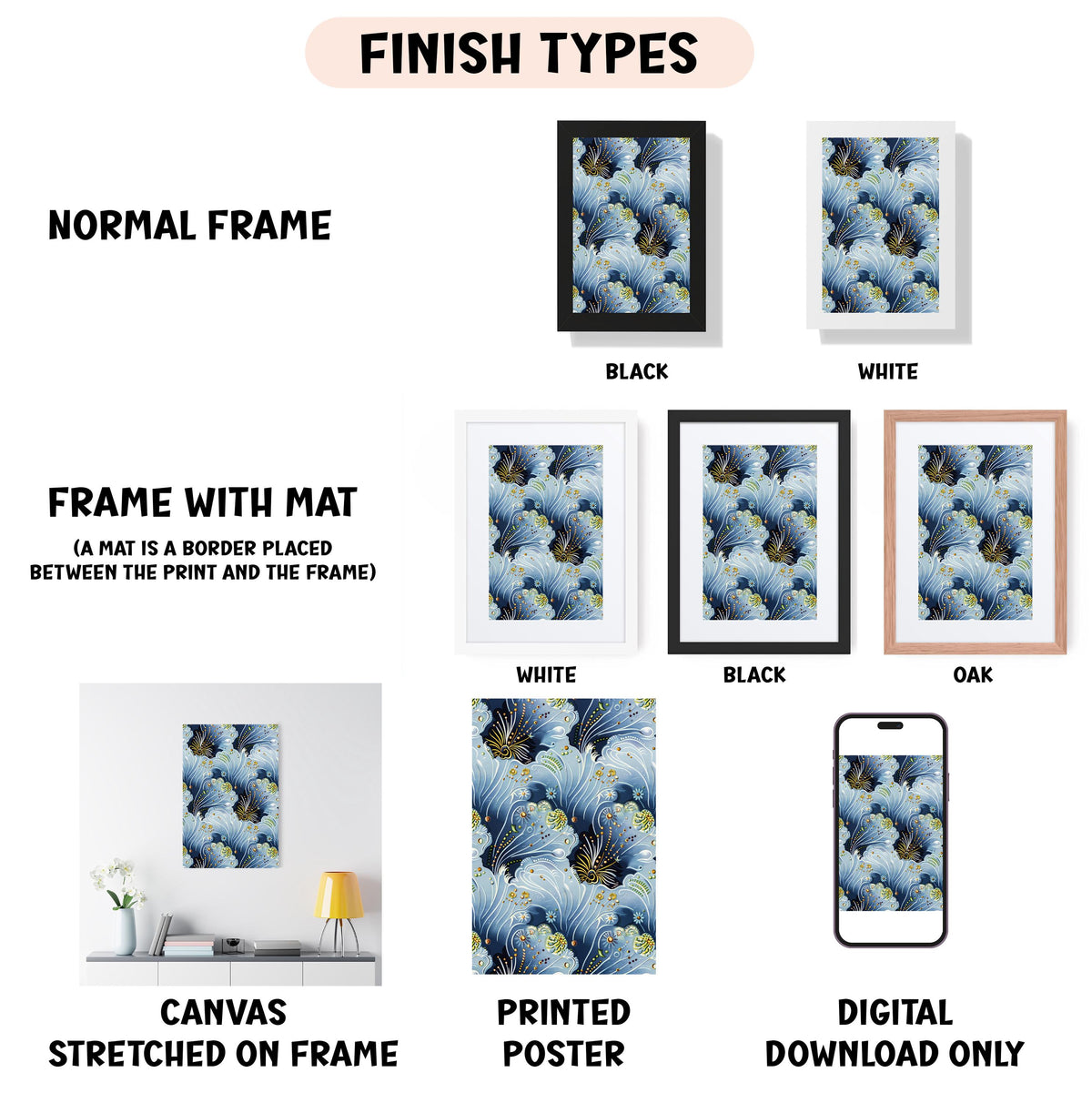 various finish types for artwork, including a normal frame, a frame with a mat, a white frame, a black frame, an oak frame, a white canvas stretched on a frame, a printed poster, and a digital download only.