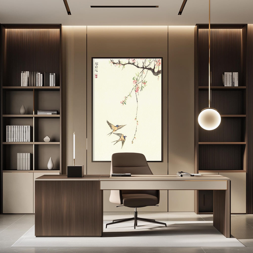 a modern and minimalist office space with a large window, wooden furniture, and a framed artwork featuring birds on a branch.