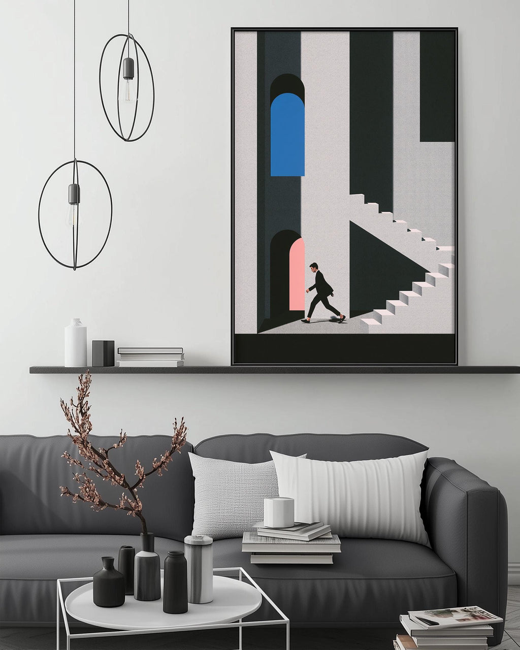 a modern living room with a gray sofa, a coffee table, and a large abstract painting of a person walking up a staircase. The room has a minimalist and contemporary design, with a black and white color scheme and a few decorative elements such as a potted plant and a vase.