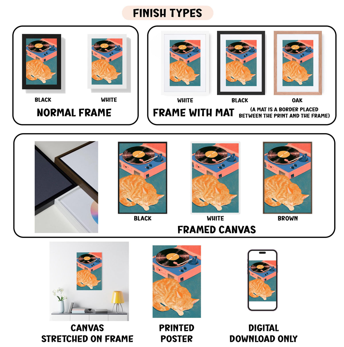 various framed artworks, including a framed canvas, a stretched canvas, a printed poster, and a digital download. The artworks are labeled with different finish types, such as black, white, and brown, and the type of frame used, such as oak. The artworks also feature a cat and a record player, with the cat being in different color schemes and the record player being in different frame styles.