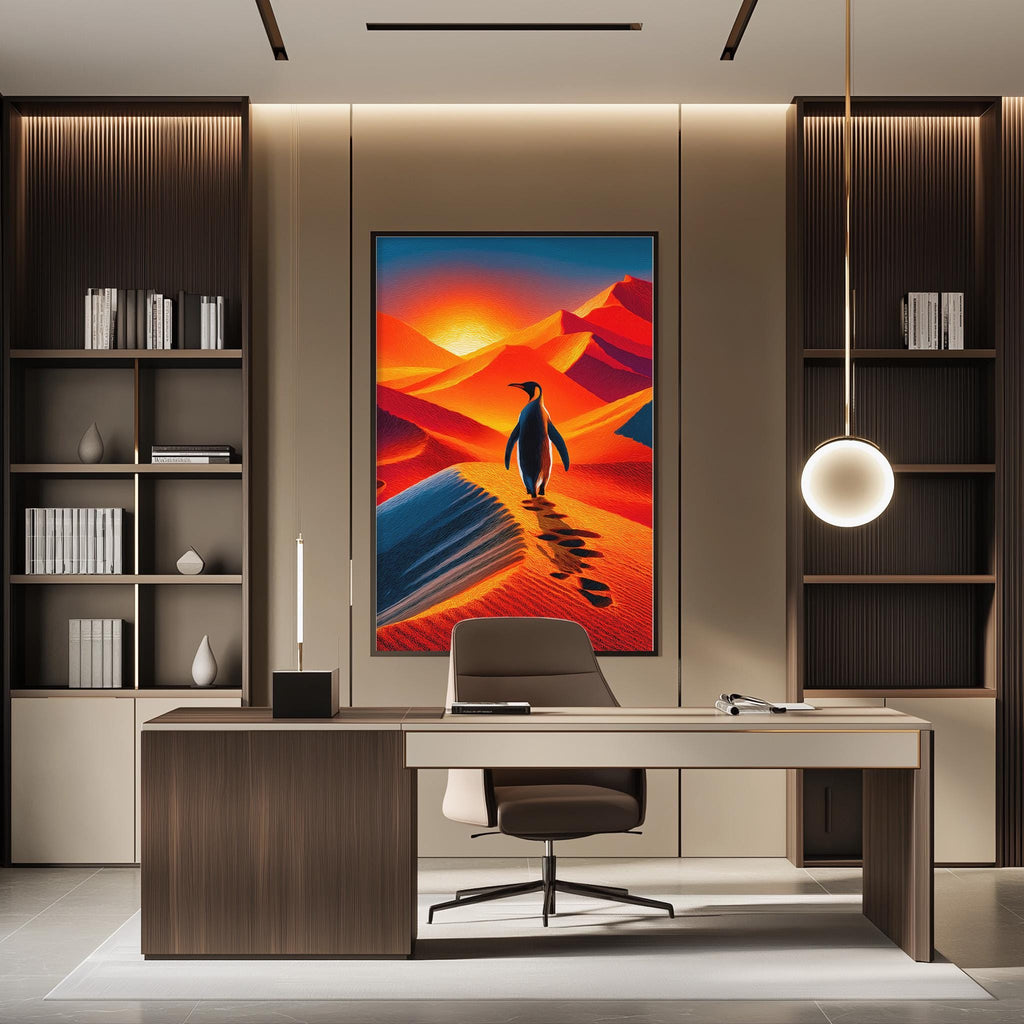 a modern office space with a large, colorful painting of a penguin walking on a path through a desert landscape hanging on the wall. The office has a wooden desk, a chair, and a bookshelf filled with books.