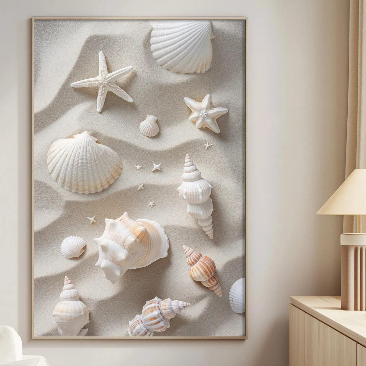 a living room with a large framed artwork depicting various seashells and starfish on the wall.