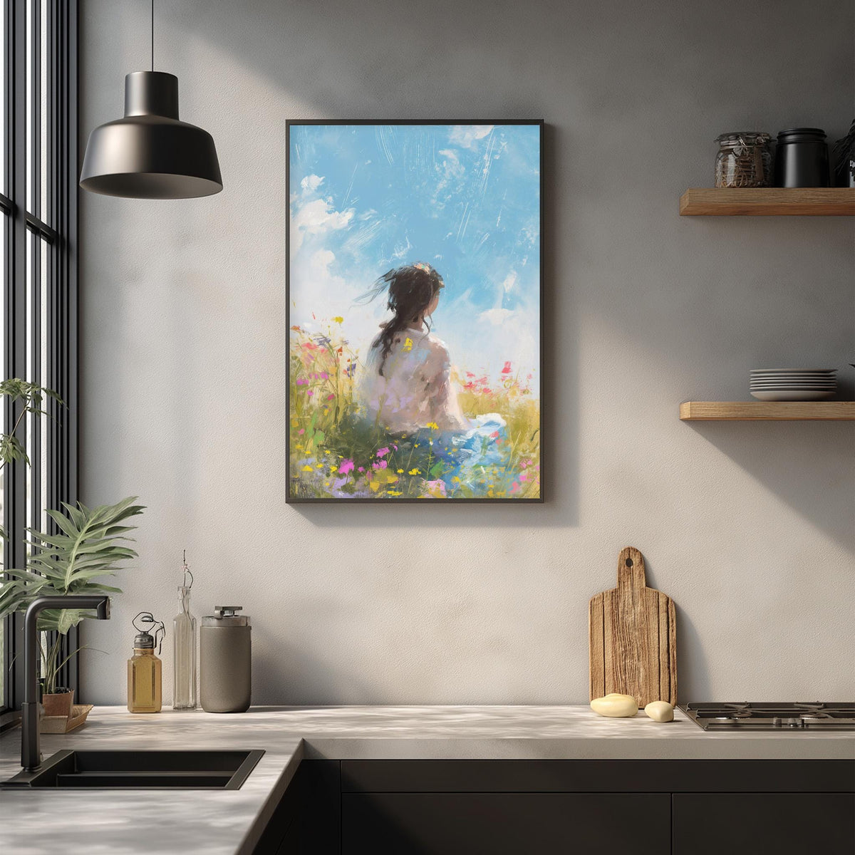 a kitchen counter with a framed painting of a woman sitting in a field of flowers hanging above it. The painting is surrounded by various kitchen items, such as a cutting board, a bottle, and a vase.