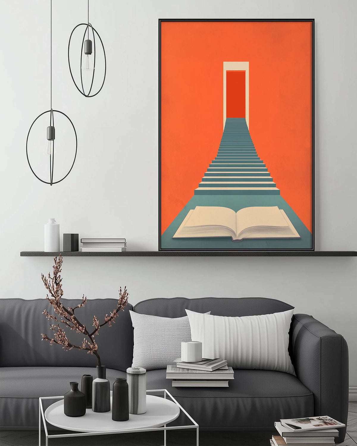 a modern living room with a gray sofa, a coffee table, and a large abstract painting of a staircase leading to an open book. The painting is hanging on the wall above the sofa, creating a focal point in the room.