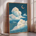 a large framed painting depicting a serene night sky with a crescent moon and fluffy clouds.