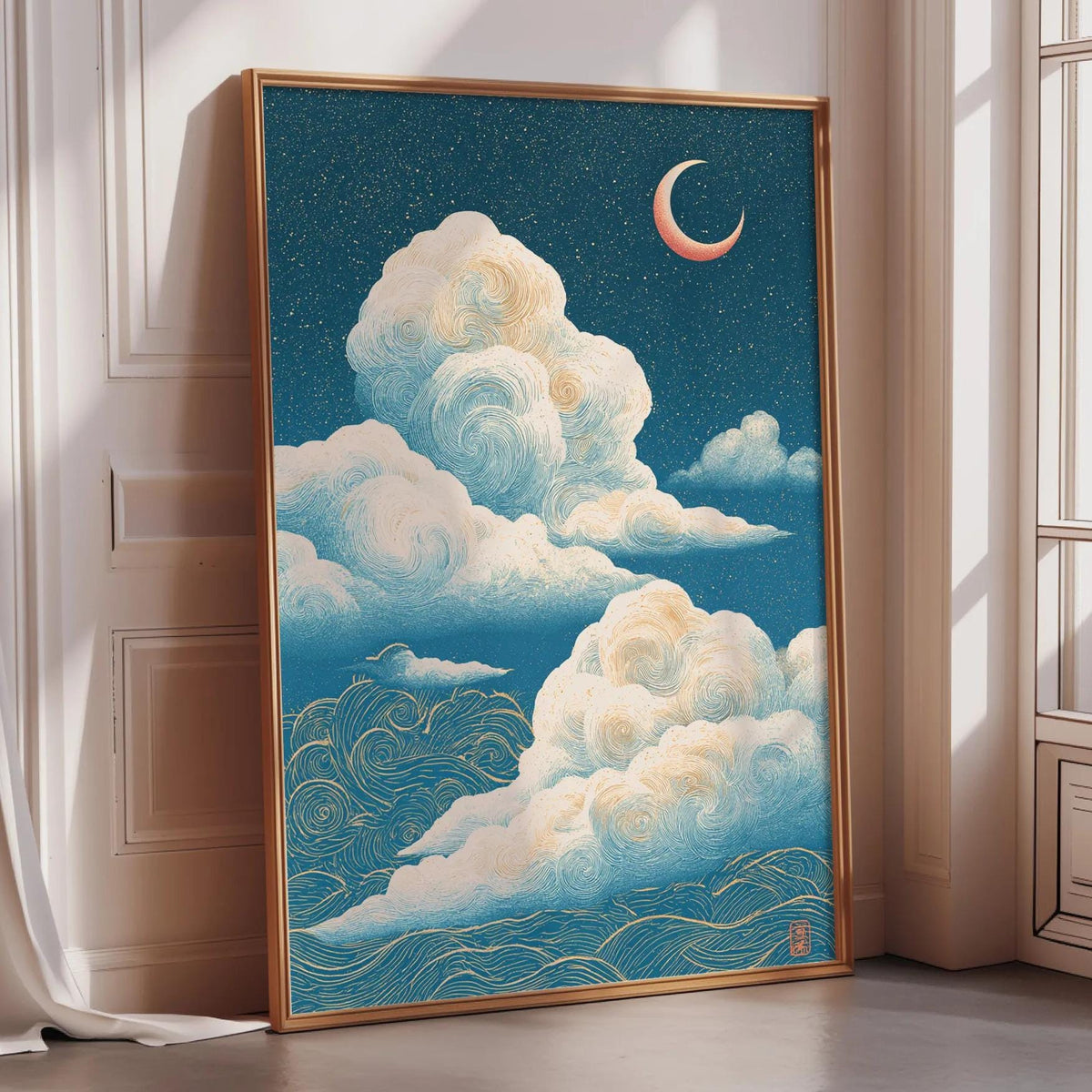 a large framed painting depicting a serene night sky with a crescent moon and fluffy clouds.