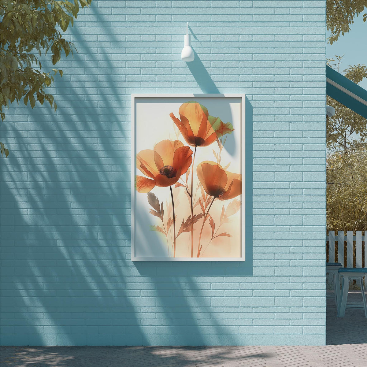 a blue brick wall with a framed painting of orange flowers hanging on it.