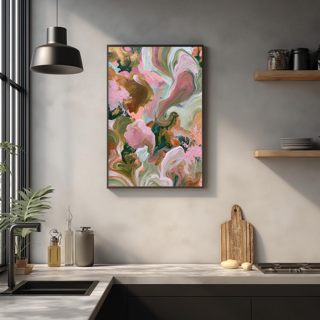 a modern kitchen with a large abstract painting hanging on the wall above a wooden cutting board and other kitchen items.