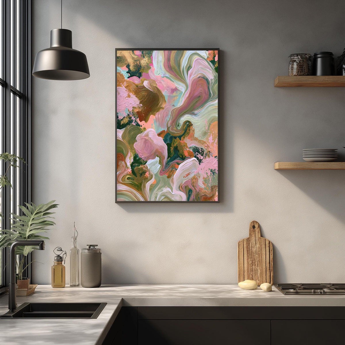 a modern kitchen with a large abstract painting hanging on the wall above a wooden cutting board and other kitchen items.