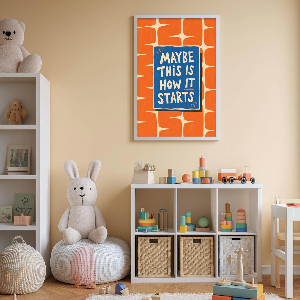 a child's bedroom with a white bookshelf, a stuffed rabbit, a toy train, and a colorful poster on the wall.