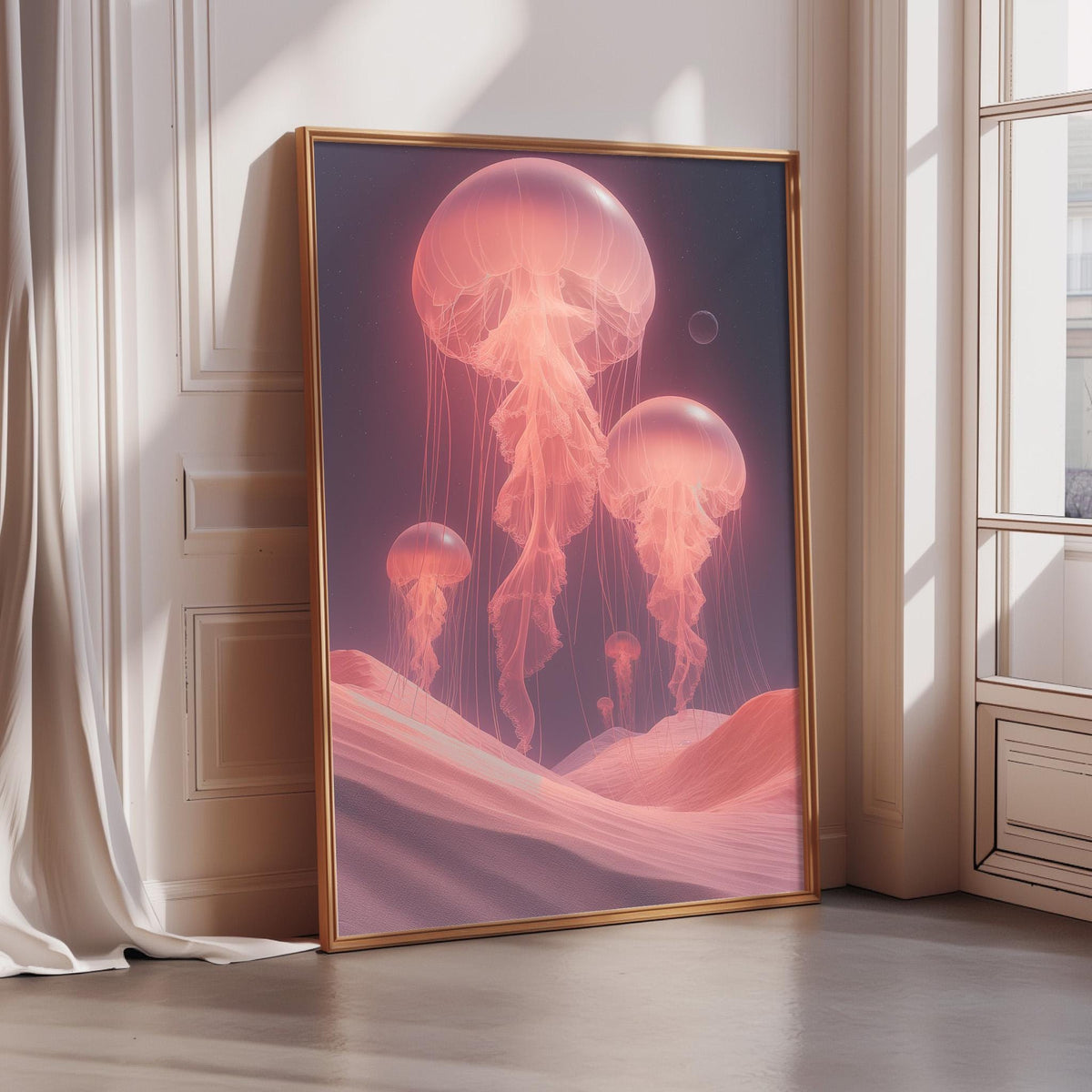 a large, framed painting depicting three jellyfish floating in a surreal, pink-hued landscape.