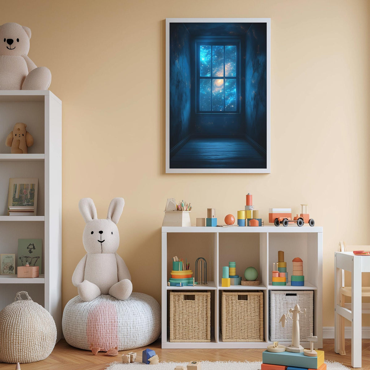 A cozy children's room with a large window, a teddy bear, a toy train, and a bookshelf filled with toys and books.