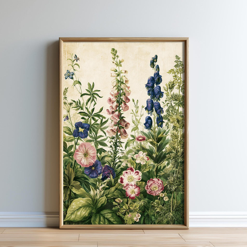 The image is a framed print of a vibrant floral arrangement, featuring a variety of colorful flowers and lush greenery.