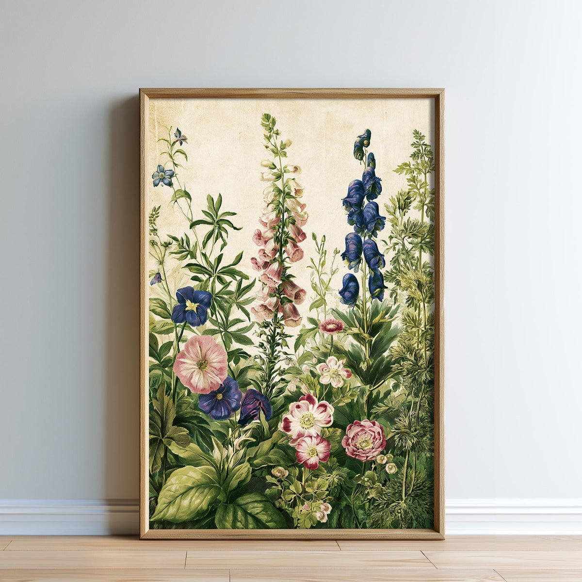 The image is a framed print of a vibrant floral arrangement, featuring a variety of colorful flowers and lush greenery.