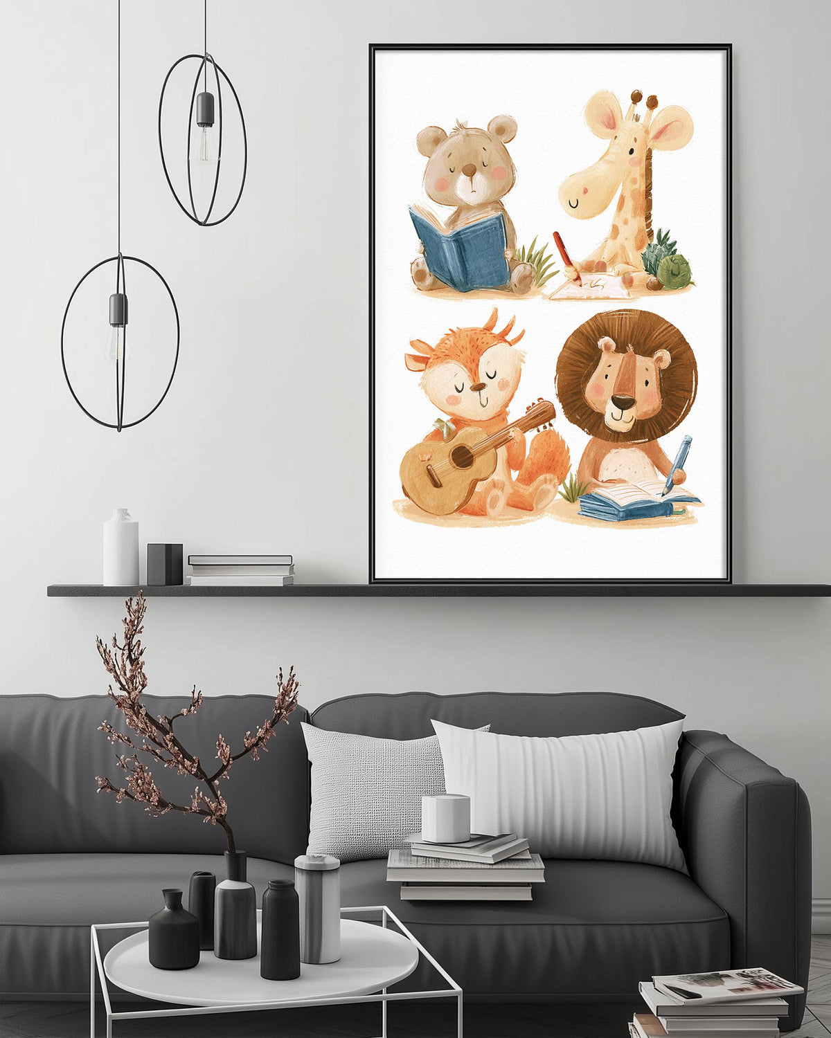 a cozy living room with a gray couch, a coffee table, and a framed collage of cartoon animal illustrations on the wall.