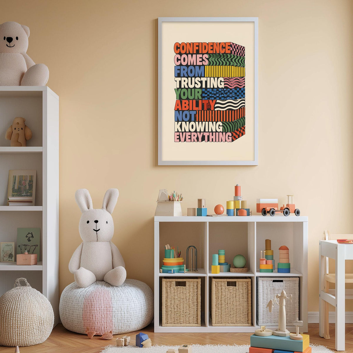 The image is a child's bedroom with a white bookshelf, a stuffed rabbit, and a colorful poster on the wall.