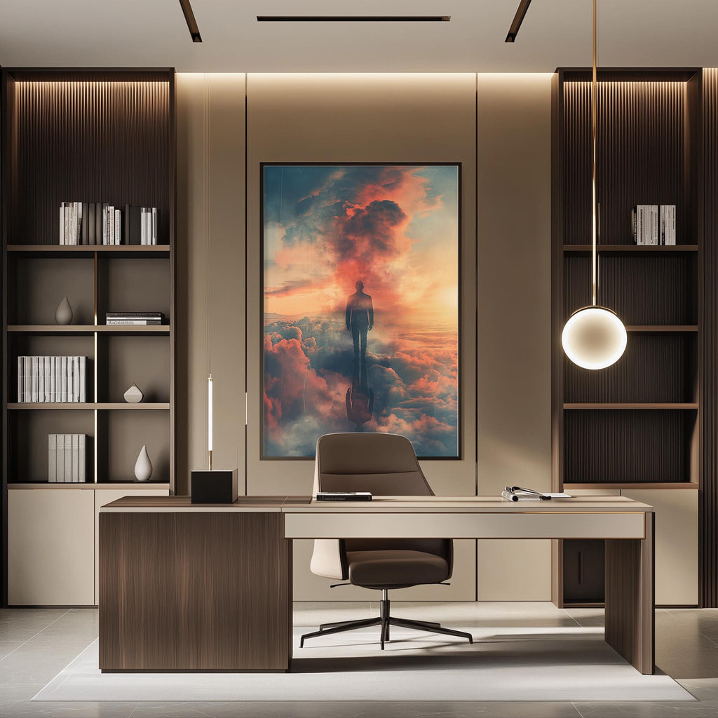 a modern and stylish office space with a large framed artwork of a person standing in the clouds on the wall. The office features a wooden desk, a comfortable chair, and a bookshelf filled with books. The overall design and decor create a serene and inspiring atmosphere.