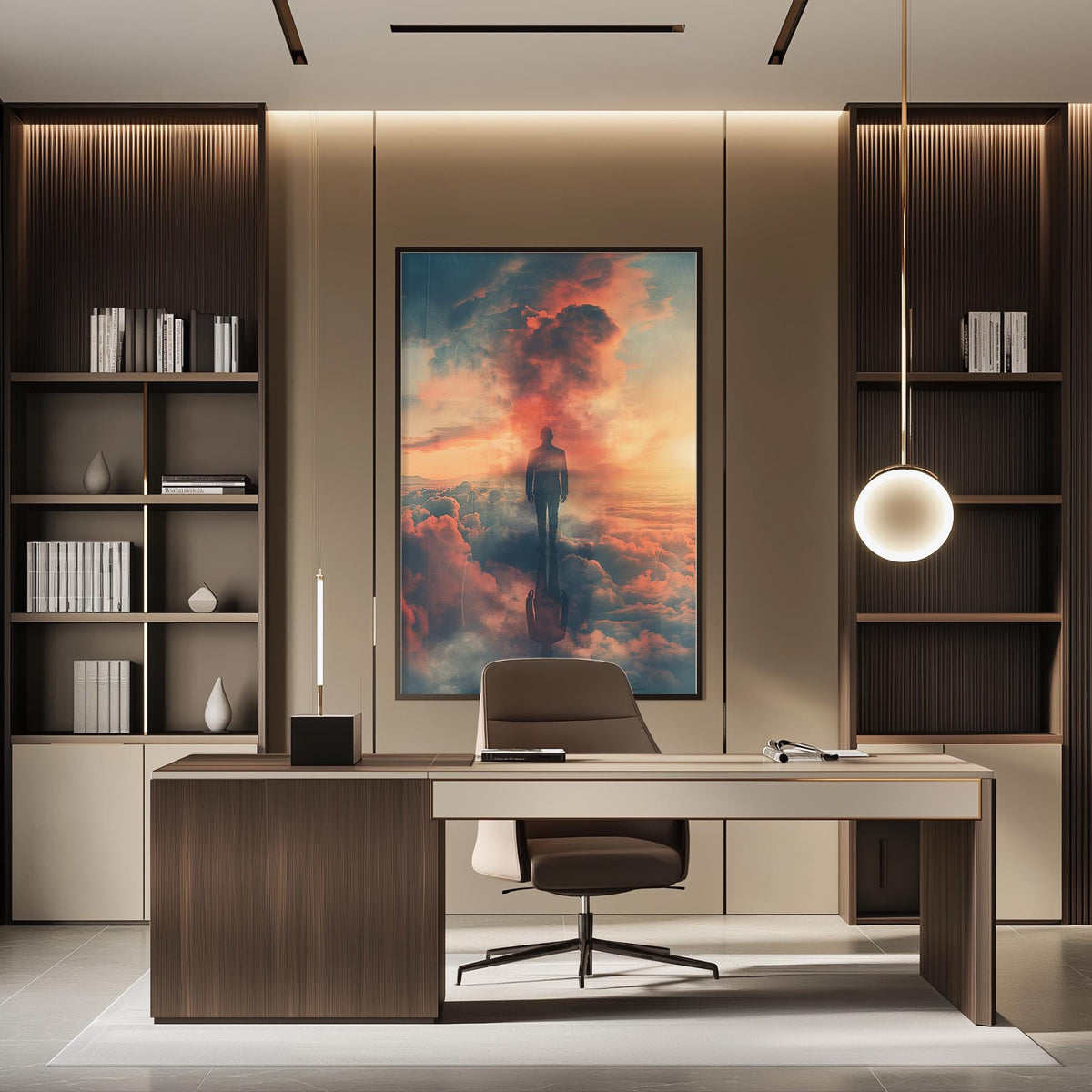 a modern and stylish office space with a large framed artwork of a person standing in the clouds on the wall. The office features a wooden desk, a comfortable chair, and a bookshelf filled with books. The overall design and decor create a serene and inspiring atmosphere.