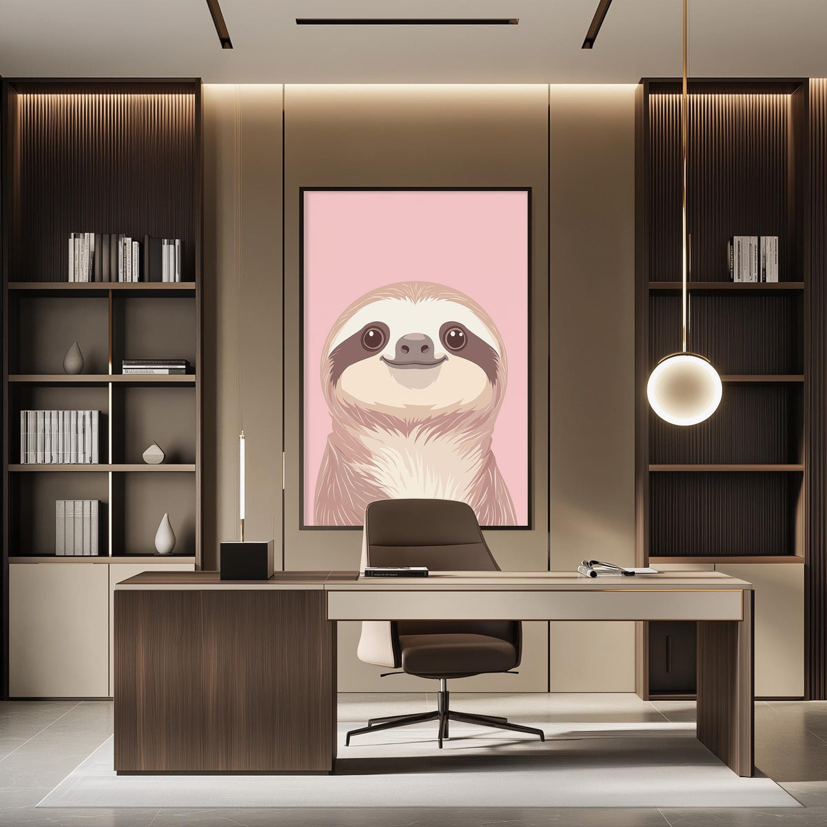 a modern office space with a large framed poster of a sloth on the wall. The office has a wooden desk, a chair, and a bookshelf filled with books. The overall design and decor create a professional and stylish atmosphere.