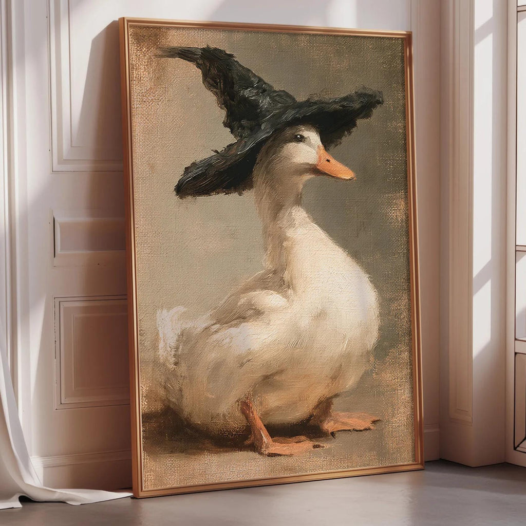 A painting of a duck wearing a black hat, sitting on a wooden surface.
