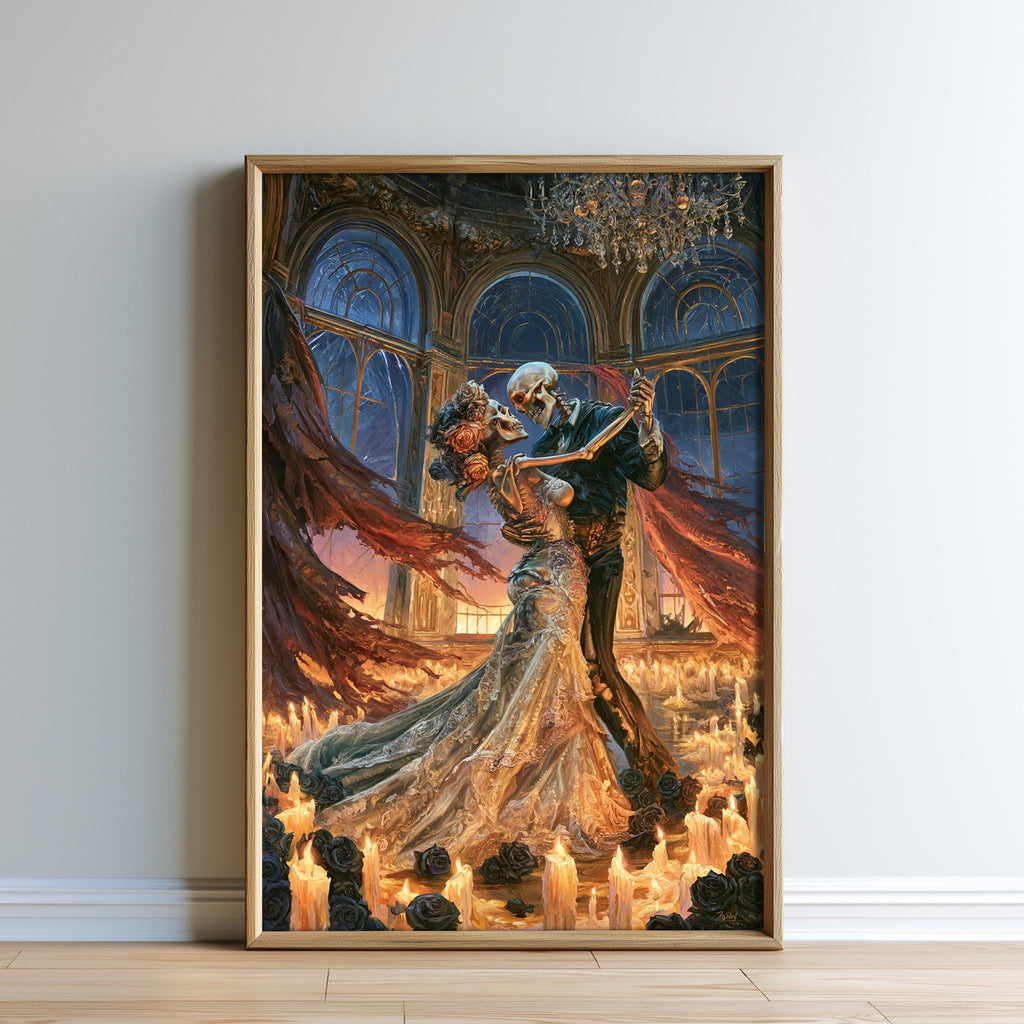 The image is a framed painting depicting a couple dancing in an ornate, gothic-style room with a chandelier and candles.