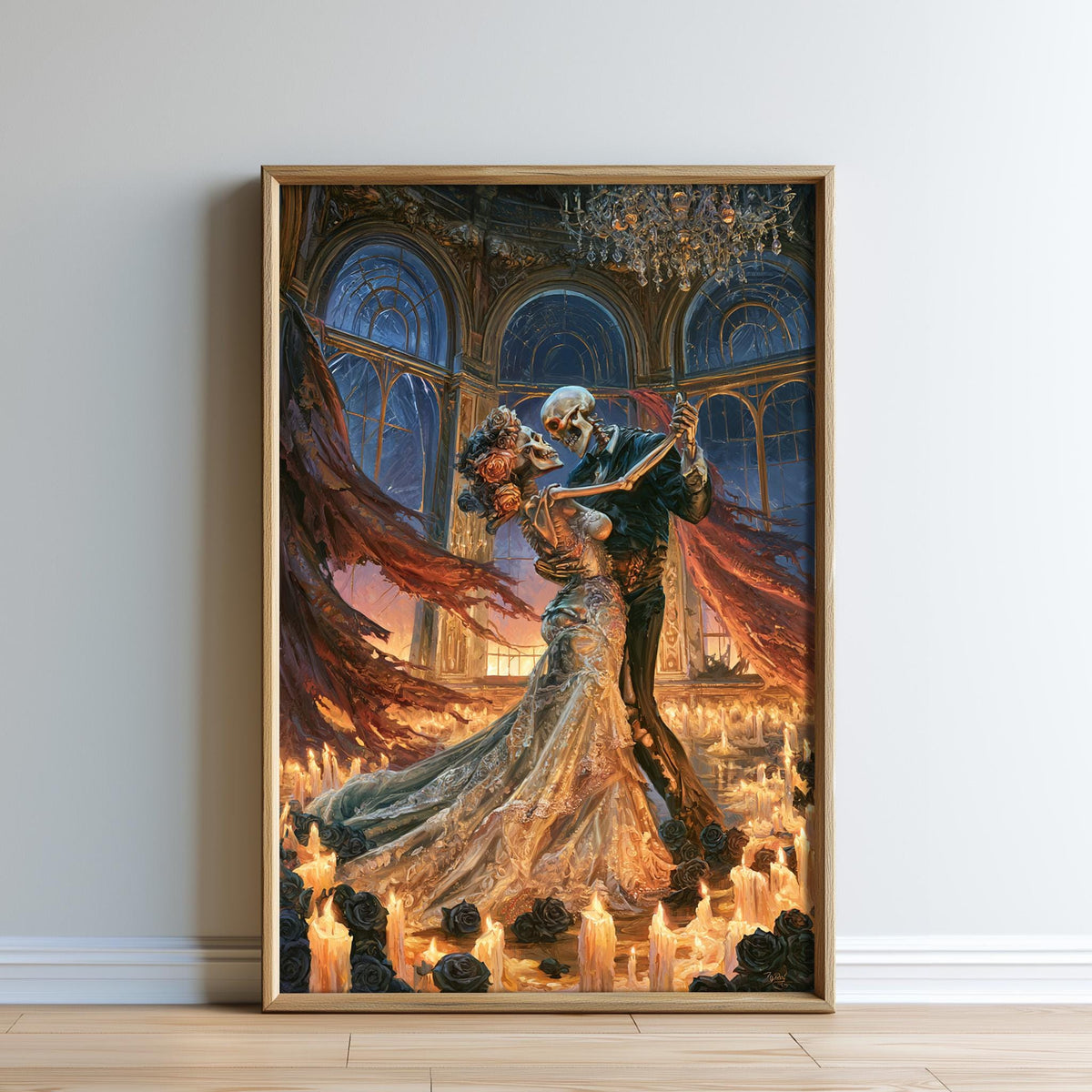 The image is a framed painting depicting a couple dancing in an ornate, gothic-style room with a chandelier and candles.