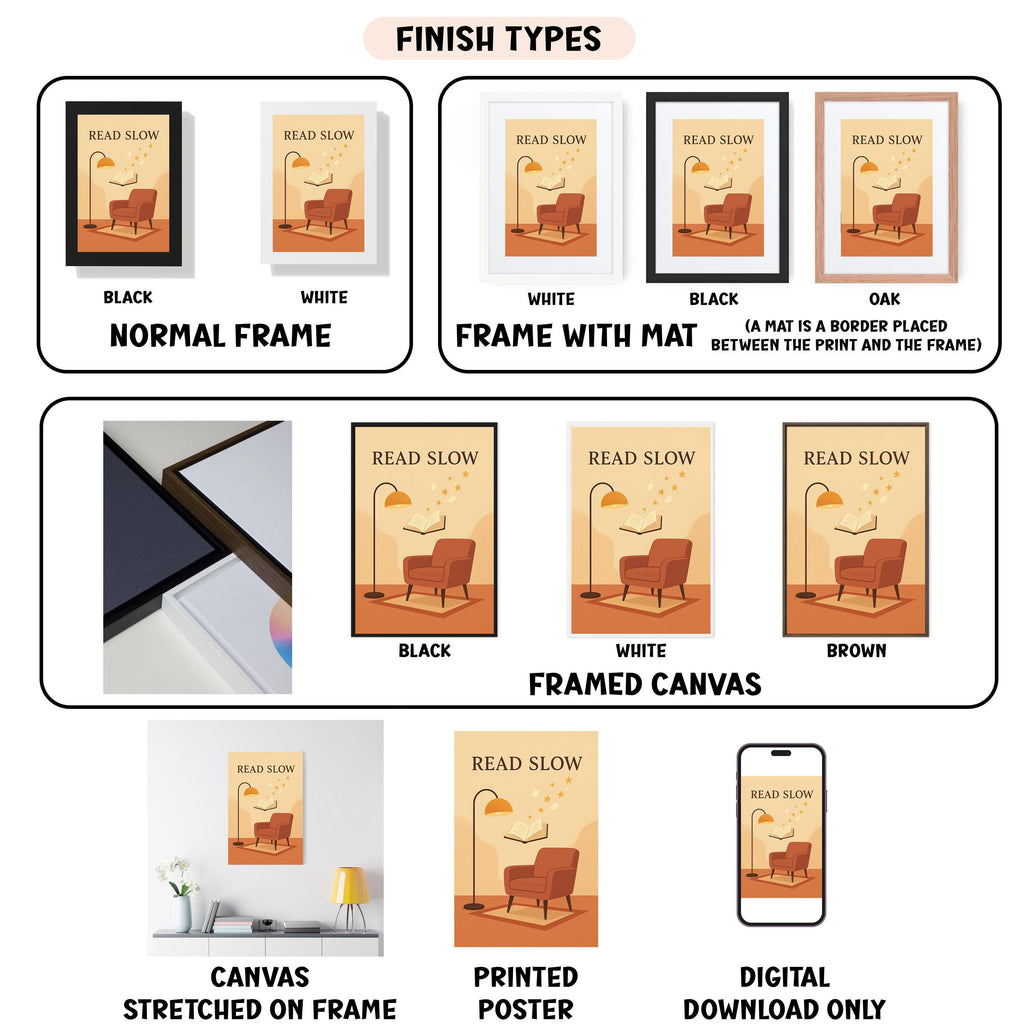 various images of a book titled "Read Slow" in different frames and formats, including a canvas, a poster, and a digital download.