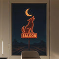 a modern office space with a desk, chair, and shelving units. A large framed neon sign that reads "Saloon" is displayed on the wall, and a wolf silhouette is also visible in the background.
