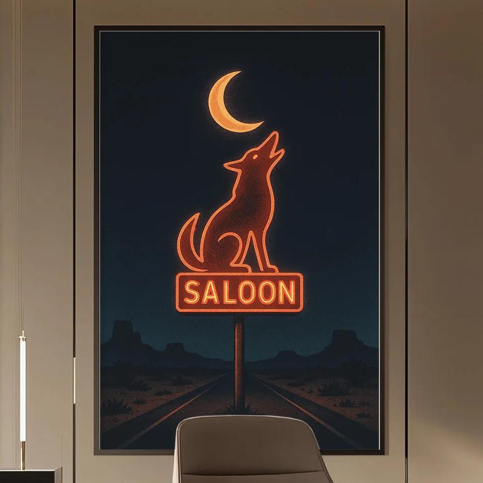 a modern office space with a desk, chair, and shelving units. A large framed neon sign that reads "Saloon" is displayed on the wall, and a wolf silhouette is also visible in the background.