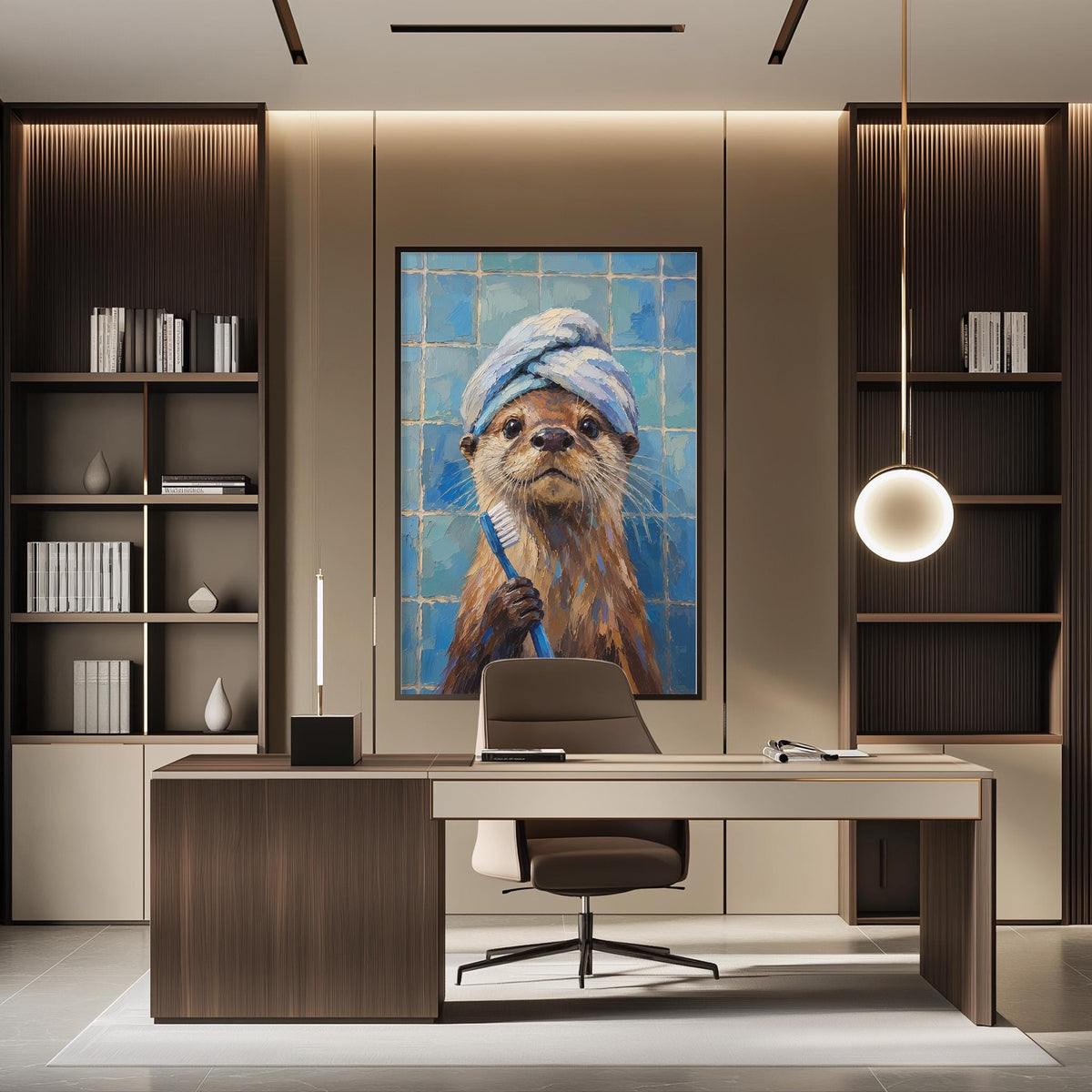 a modern office space with a large painting of an otter holding a toothbrush on the wall. The office has a wooden desk, a chair, and a bookshelf. The overall design has a contemporary and minimalist aesthetic.