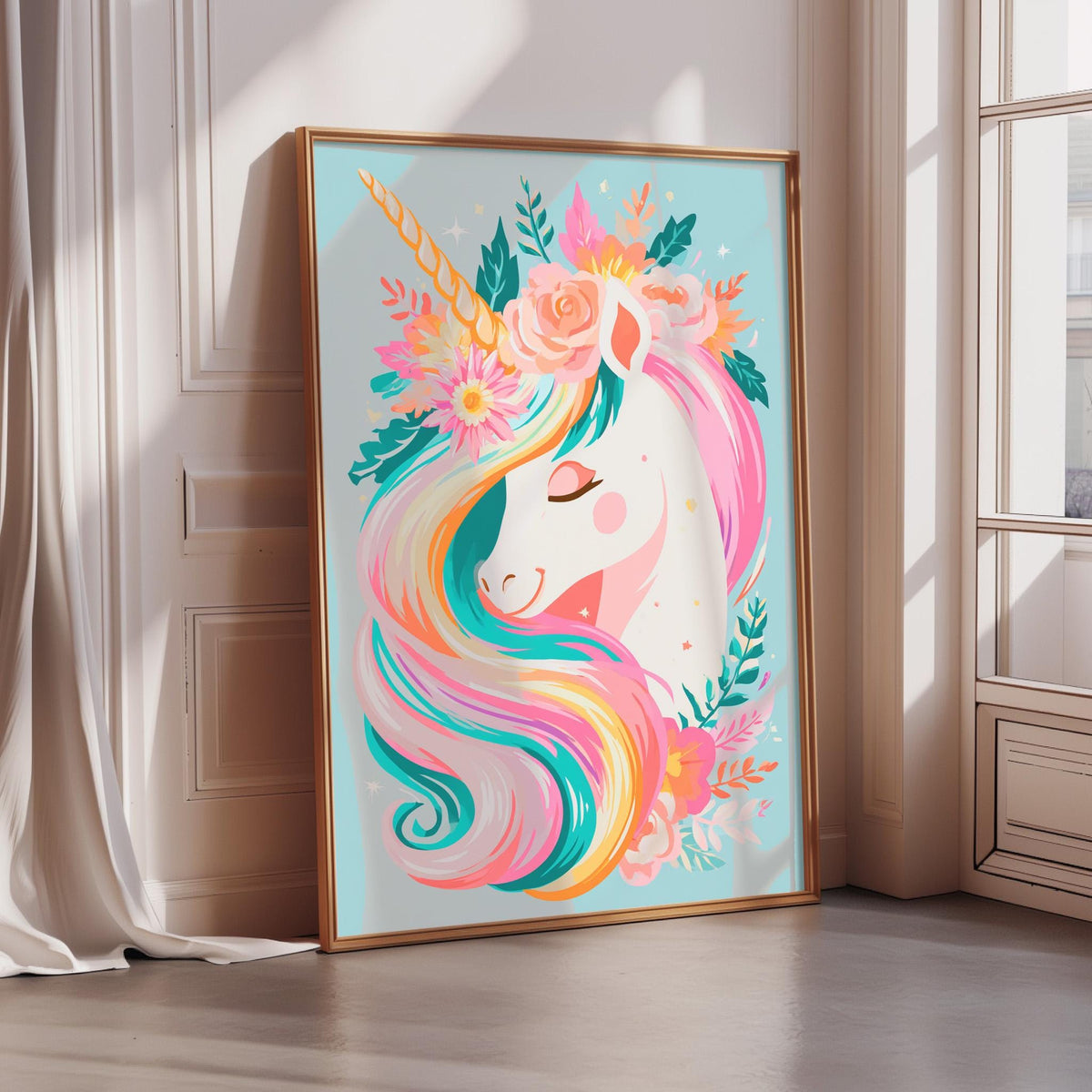 A framed illustration of a unicorn with a colorful, whimsical design featuring flowers, leaves, and a rainbow-colored mane.