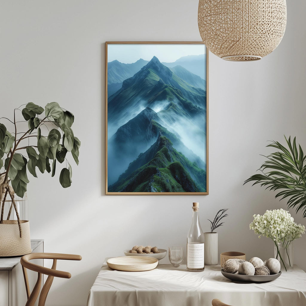 a serene indoor setting with a framed landscape photograph hanging on the wall, depicting a mountain range with a misty, green-tinted atmosphere. The photograph is surrounded by various decorative elements, including potted plants, vases, and bowls, creating a harmonious and visually appealing composition.