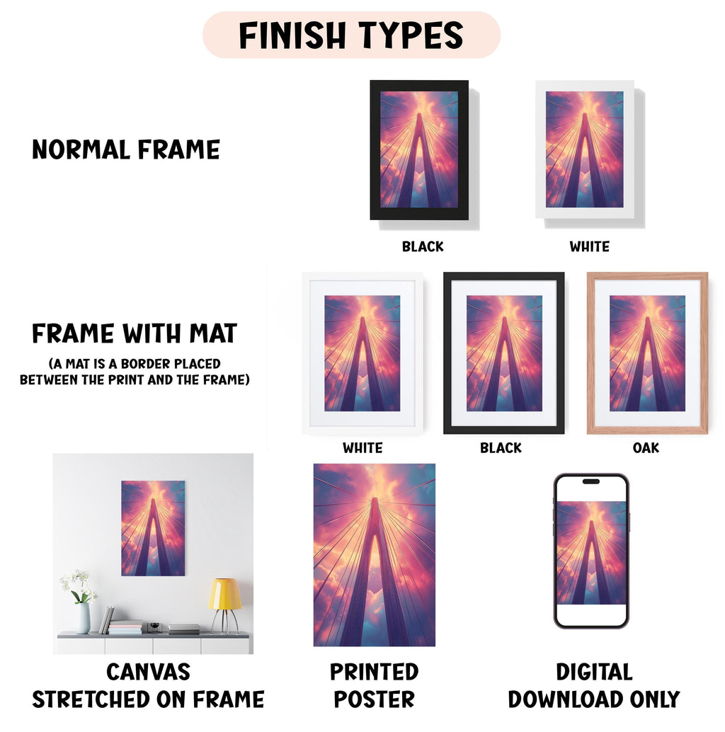 various types of artwork, including a normal frame, a frame with a mat, a white frame, a black frame, an oak frame, a white canvas stretched on a frame, a printed poster, and a digital download only.