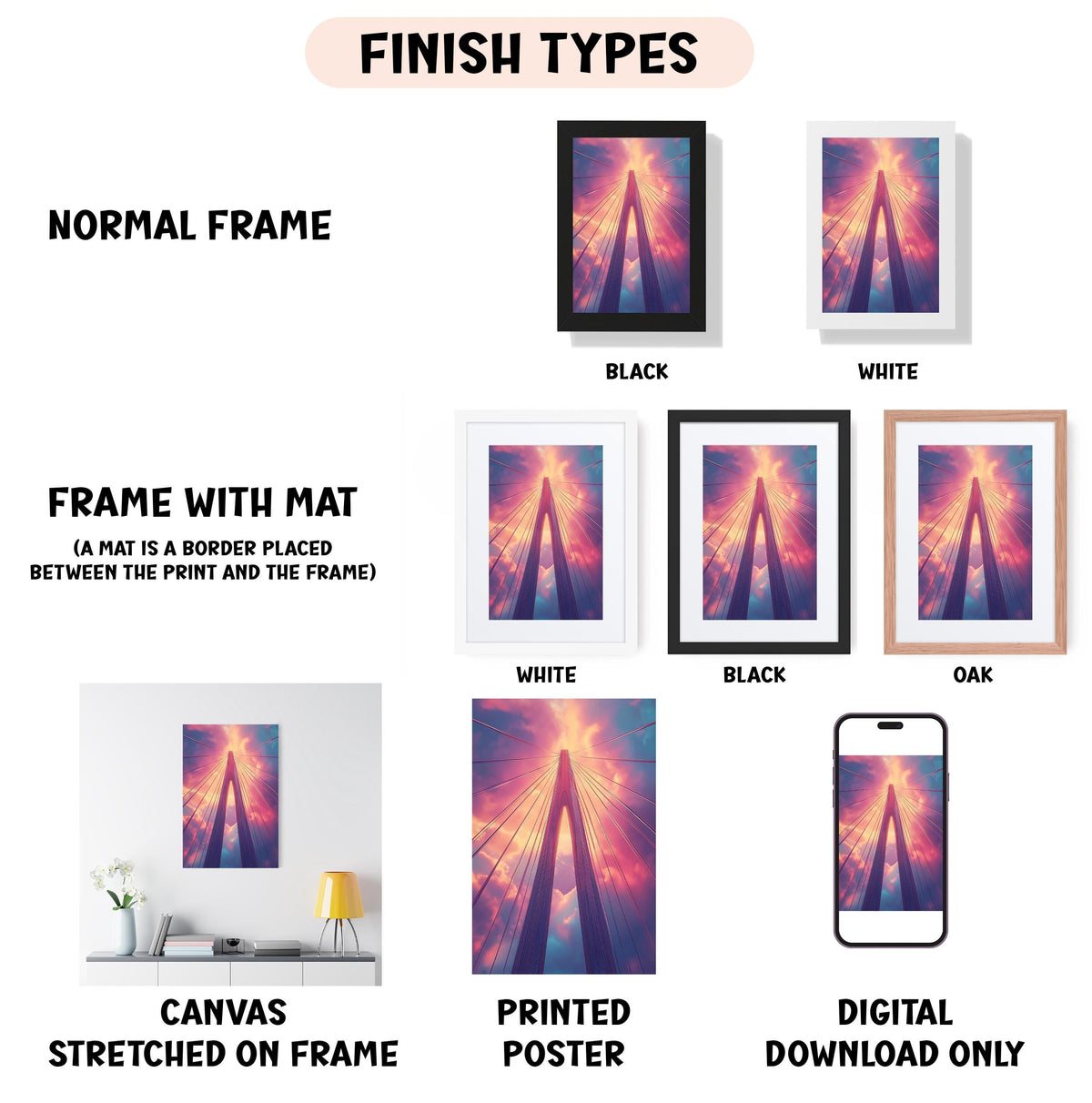 various types of artwork, including a normal frame, a frame with a mat, a white frame, a black frame, an oak frame, a white canvas stretched on a frame, a printed poster, and a digital download only.