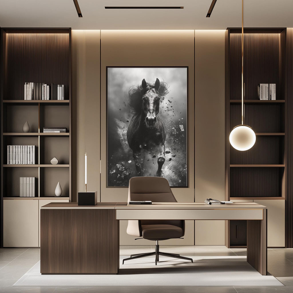 a modern and stylish office space with a large black and white photograph of a horse in motion as the focal point. The office features a wooden desk, a comfortable chair, and a bookshelf filled with books. The overall design and decor create a sophisticated and professional atmosphere.