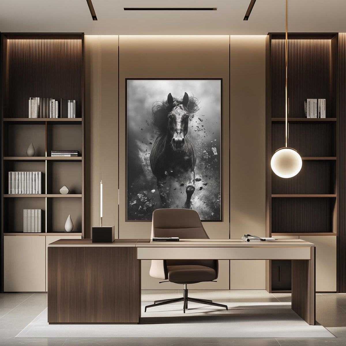 a modern and stylish office space with a large black and white photograph of a horse in motion as the focal point. The office features a wooden desk, a comfortable chair, and a bookshelf filled with books. The overall design and decor create a sophisticated and professional atmosphere.