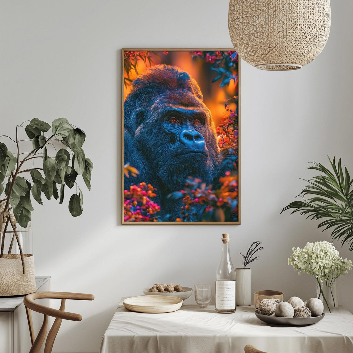 a large framed picture of a gorilla on a wall, with a dining table and chairs in the foreground.