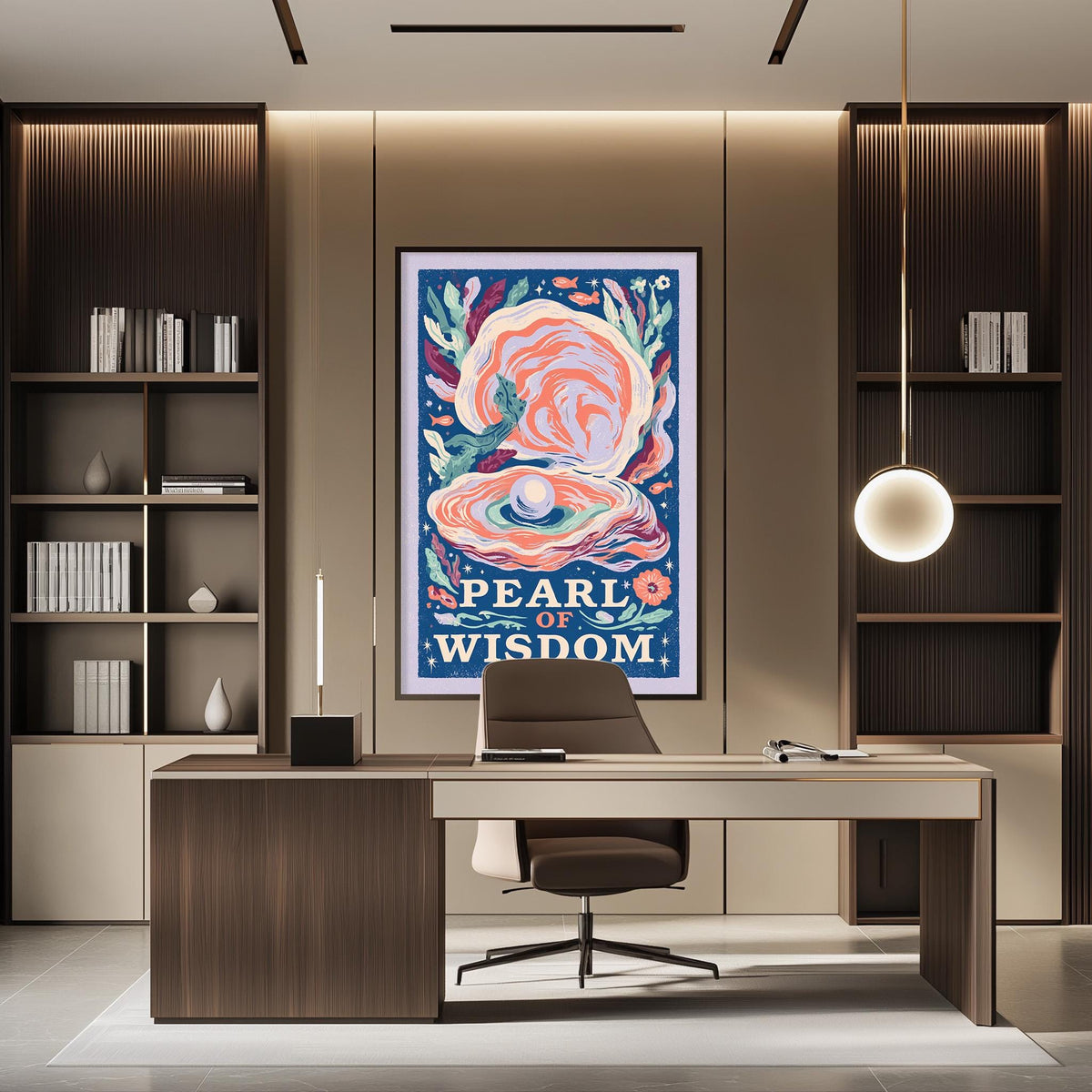 a modern office space with a large poster of a pearl on the wall, a desk with a chair, and a bookshelf.