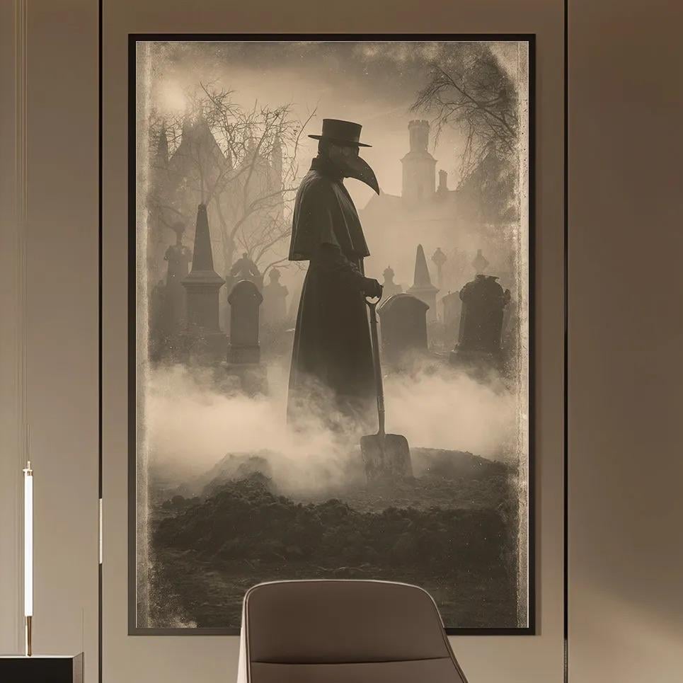 a modern and minimalist office space with a desk, chair, and bookshelves. The desk has a large, framed picture of a person wearing a mask on the wall behind it. The office also features a pendant light and a large mirror on the wall.