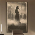 a modern and minimalist office space with a desk, chair, and bookshelves. The desk has a large, framed picture of a person wearing a mask on the wall behind it. The office also features a pendant light and a large mirror on the wall.