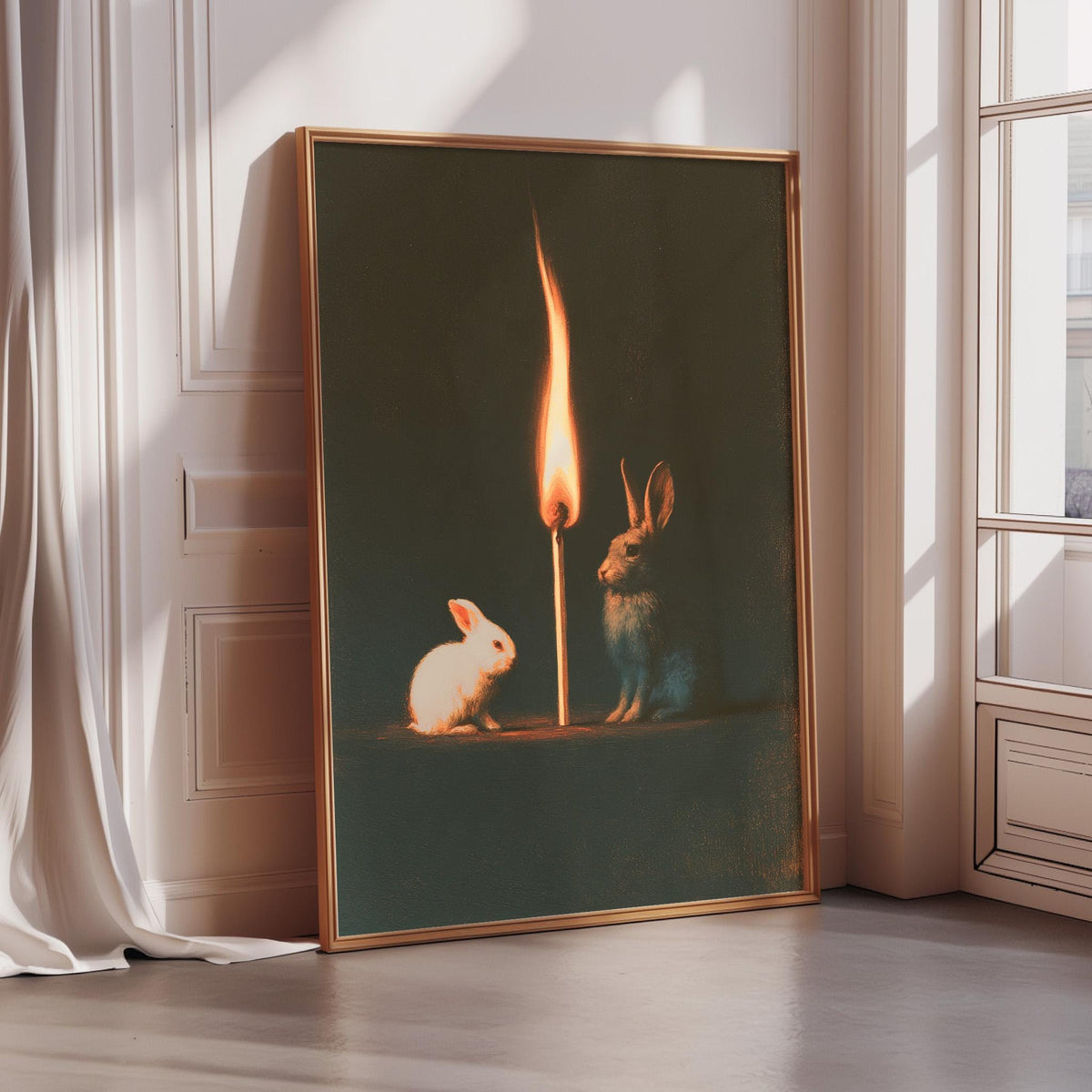 a painting of two rabbits sitting on a table, with a lit match between them.