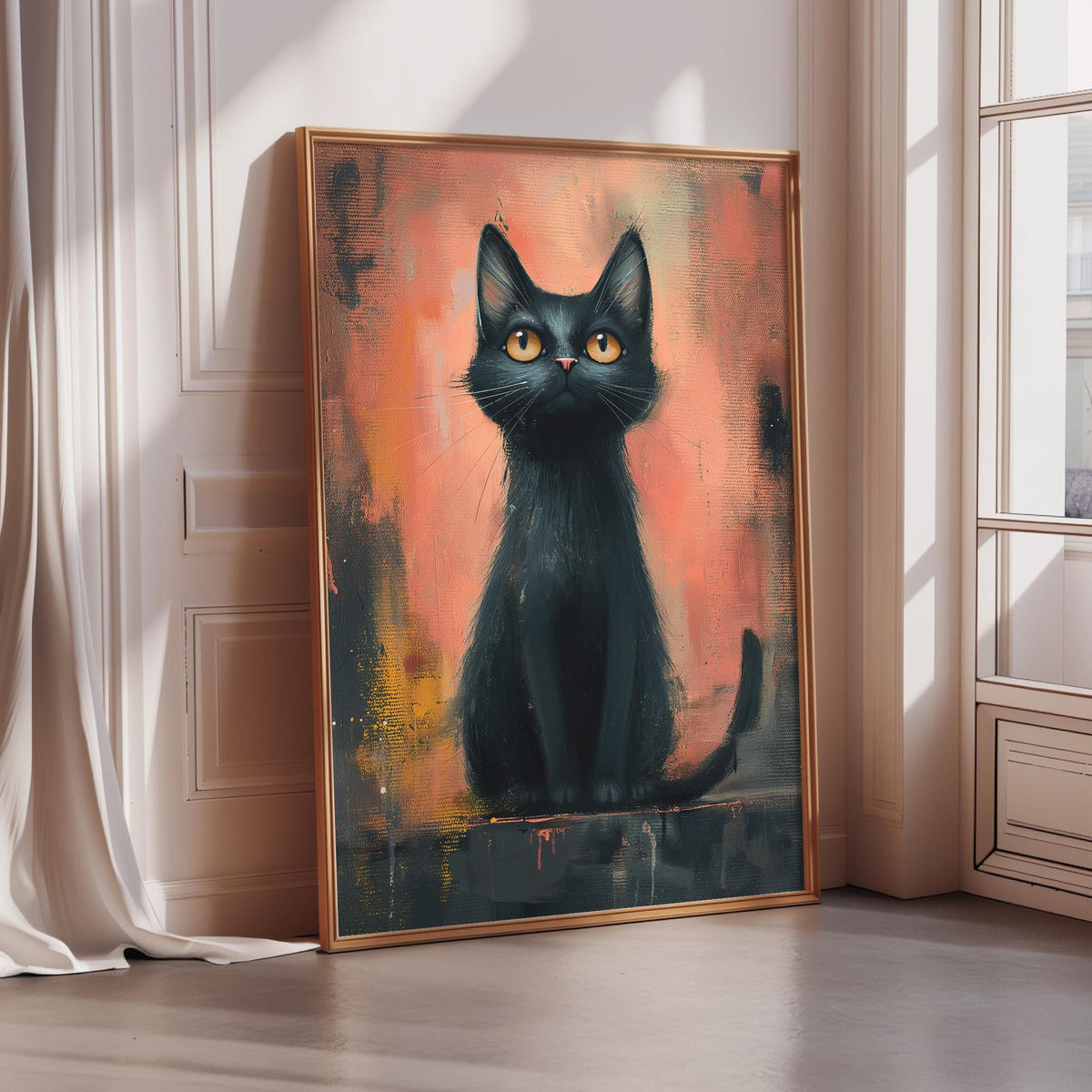 A framed painting of a black cat with yellow eyes is displayed on a wall in a room with a window.