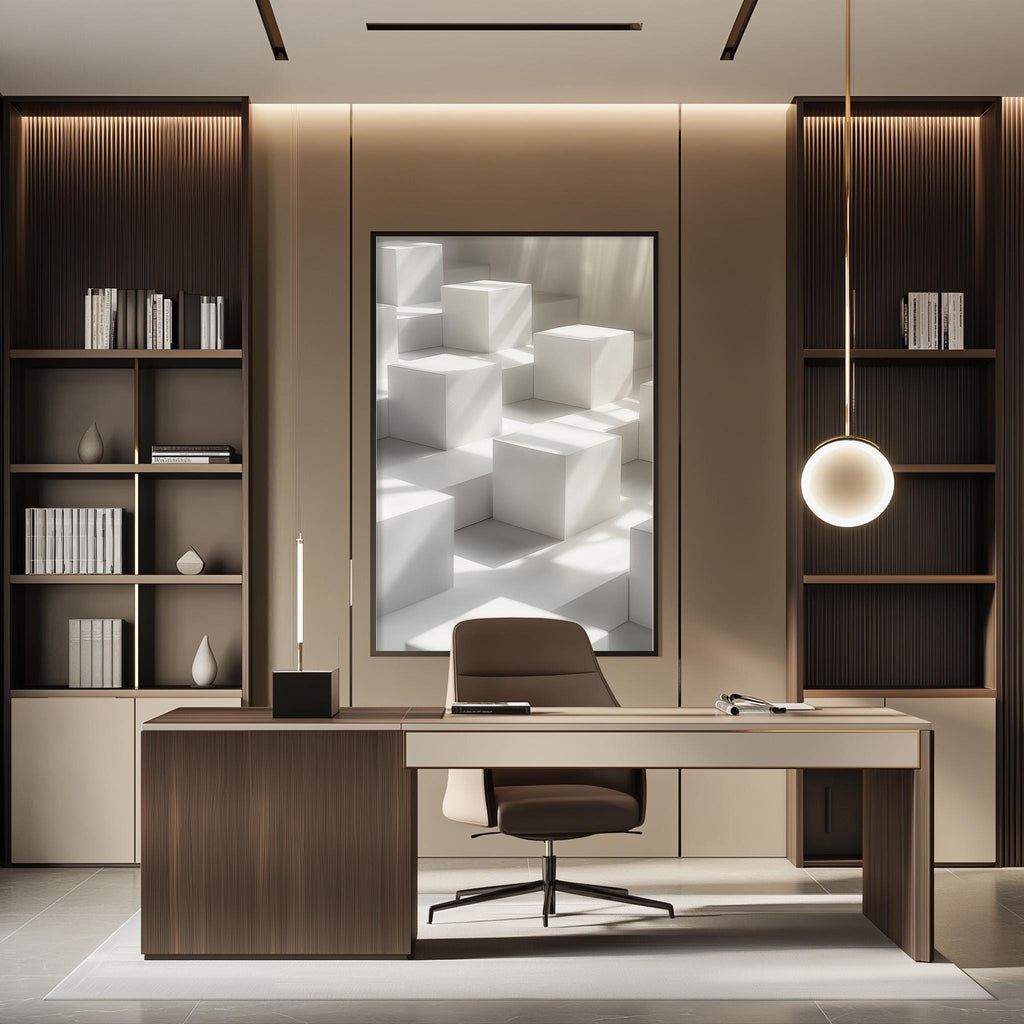 a modern and minimalist office space with a large abstract painting on the wall, a wooden desk with a chair, and built-in bookshelves.