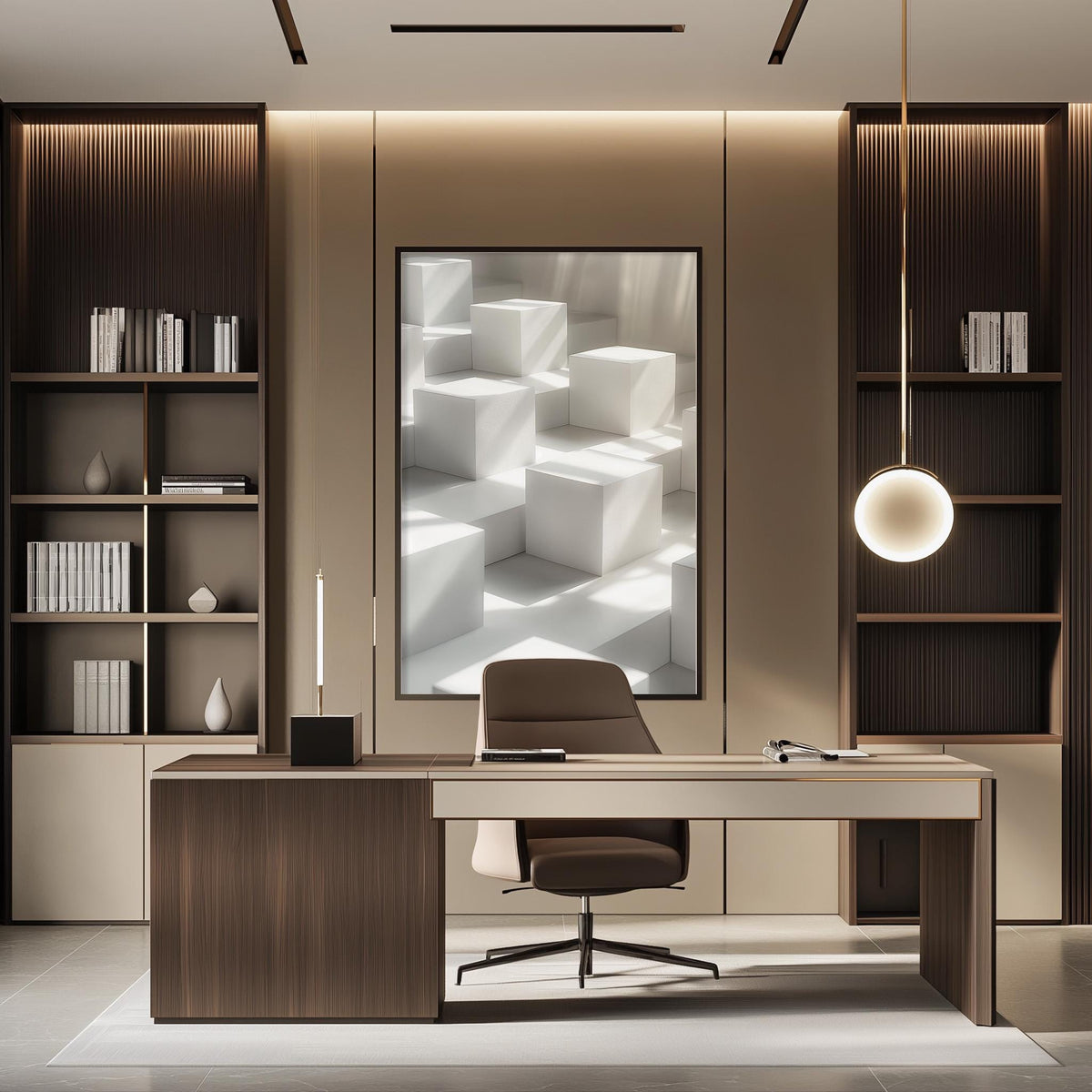 a modern and minimalist office space with a large abstract painting on the wall, a wooden desk with a chair, and built-in bookshelves.