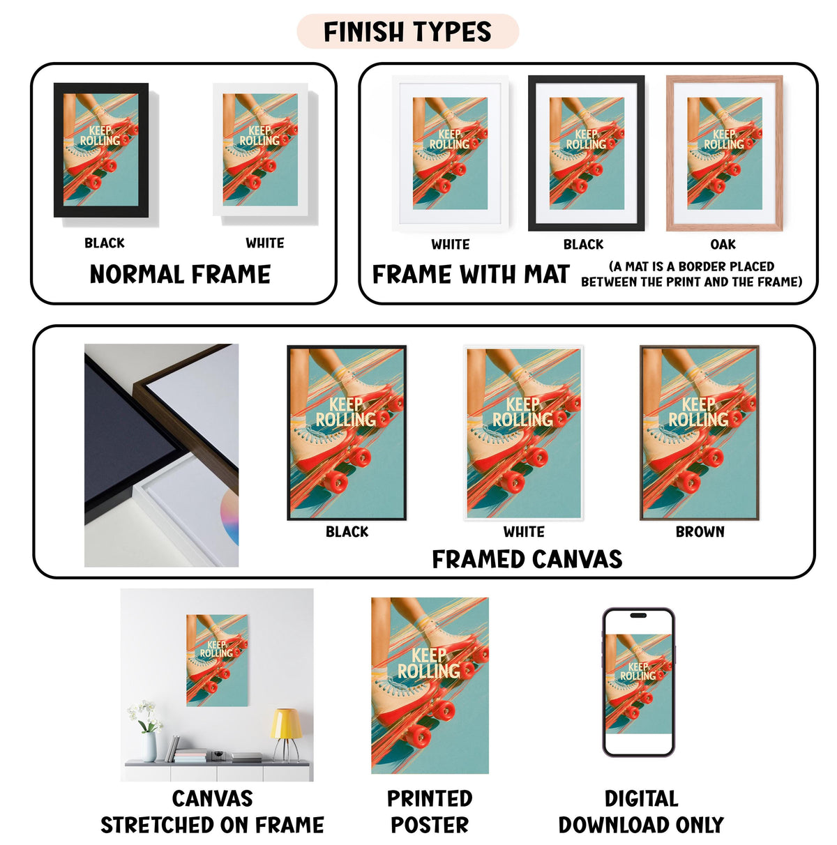 various finish types for a framed artwork, including a black and white normal frame, a white frame with a mat, a black frame, a white framed canvas, a stretched canvas, a printed poster, and a digital download.