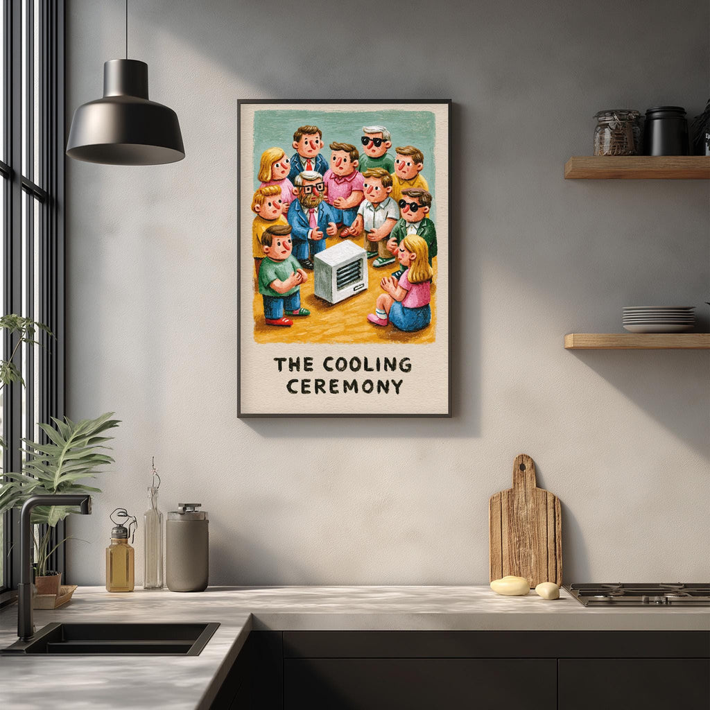 a framed illustration of a group of people gathered around a small white object, which appears to be a cooling device, possibly a fan or air conditioner. The text "THE COOLING CEREMONY" is displayed below the illustration.